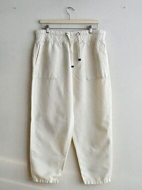 Zara Linen Blend Pants Beige Pull-On Elastic Waist Relaxed Cropped XL